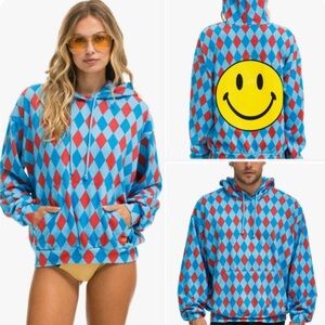 Aviator Nation DIAMOND REPEAT SMILEY RELAXED PULLOVER HODDIE - SKY Unisex  small